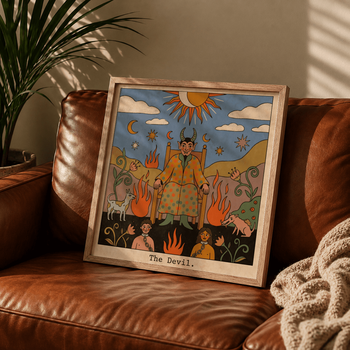 Full composition wall poster with central seated figure, symmetrical flames, and starbursts
