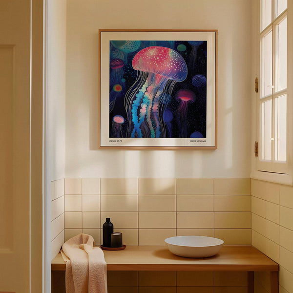 Square-format pink wall art jellyfish ideal for eclectic living spaces