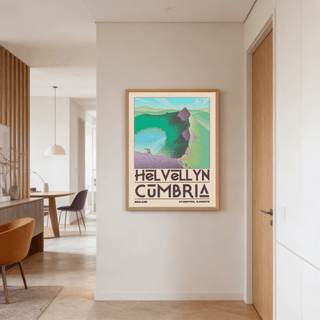 Mountain travel poster print with bold Helvellyn Cumbria typography and ridge scene