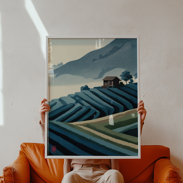 Minimalist landscape wall art of curved rice terraces, tree silhouette, and cabin