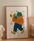 Frog Playing Trumpet Art with fun colors for nursery multicolored wall art