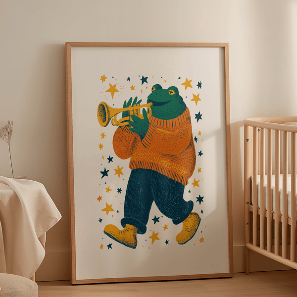 Frog Playing Trumpet Art with fun colors for nursery multicolored wall art
