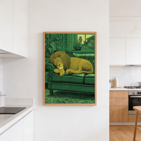 Line-drawn lion poster with curled body on sofa, textured upholstery, and foliage outside the window