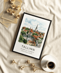 Tallinn City Wall Art poster featuring stone towers, red roofs, and clouds