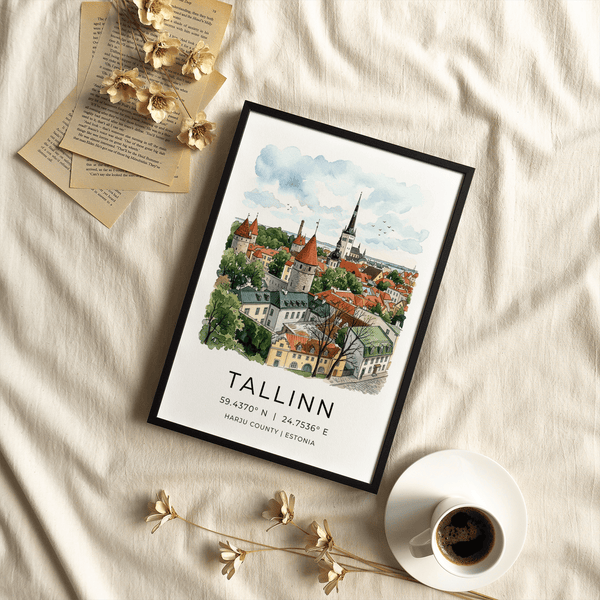 Tallinn City Wall Art poster featuring stone towers, red roofs, and clouds