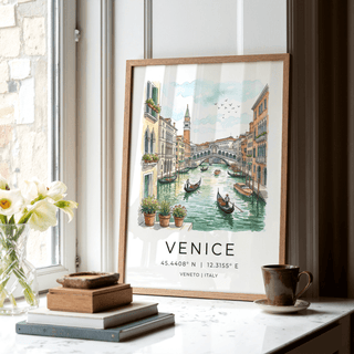 Venice Canal Art Print travel poster showing mooring poles