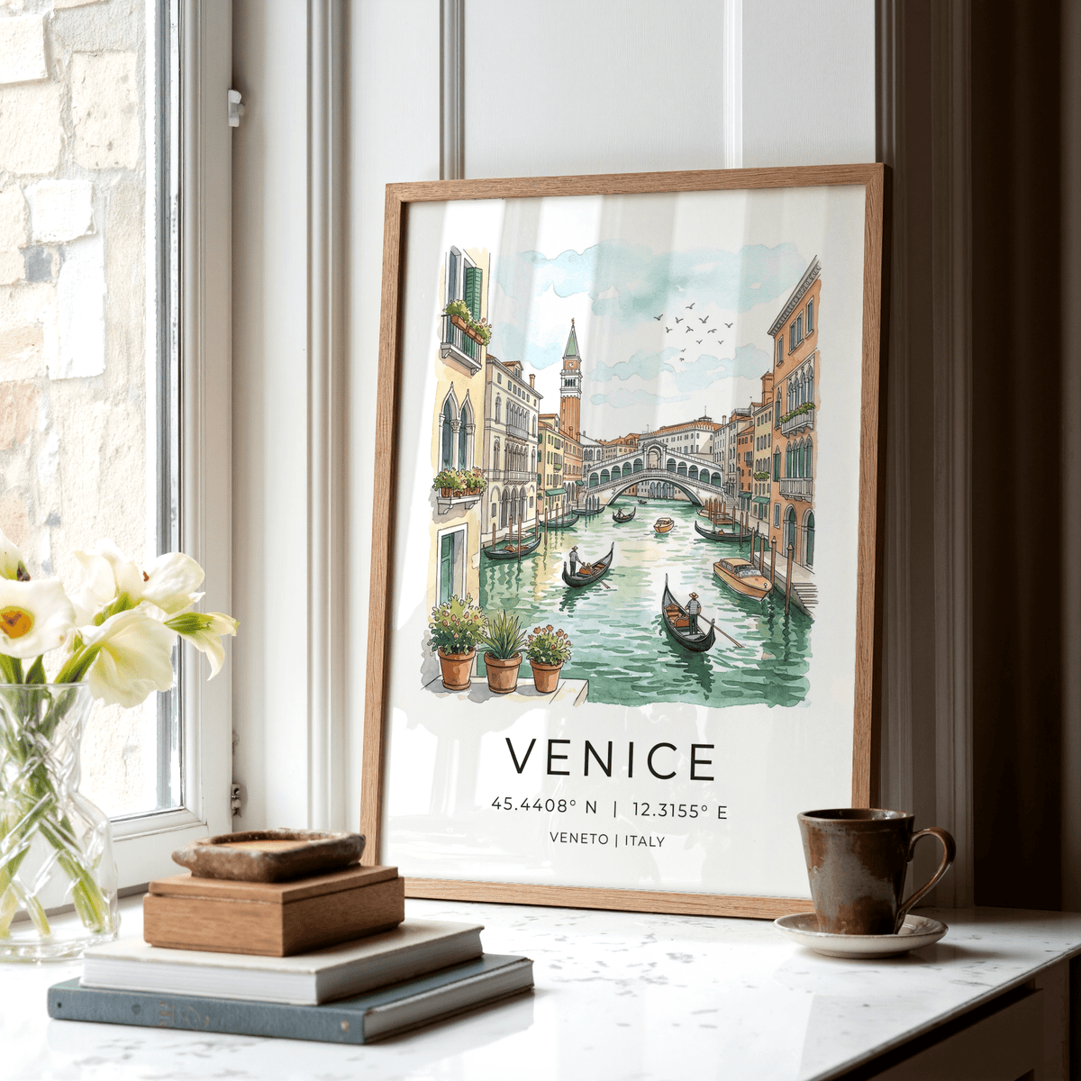 Venice Canal Art Print travel poster showing mooring poles