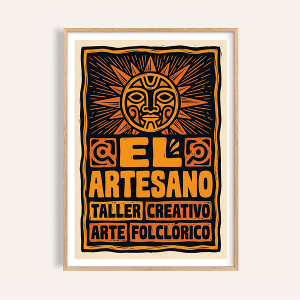 Centered sun face wall art poster with radiating rays and bold Spanish lettering