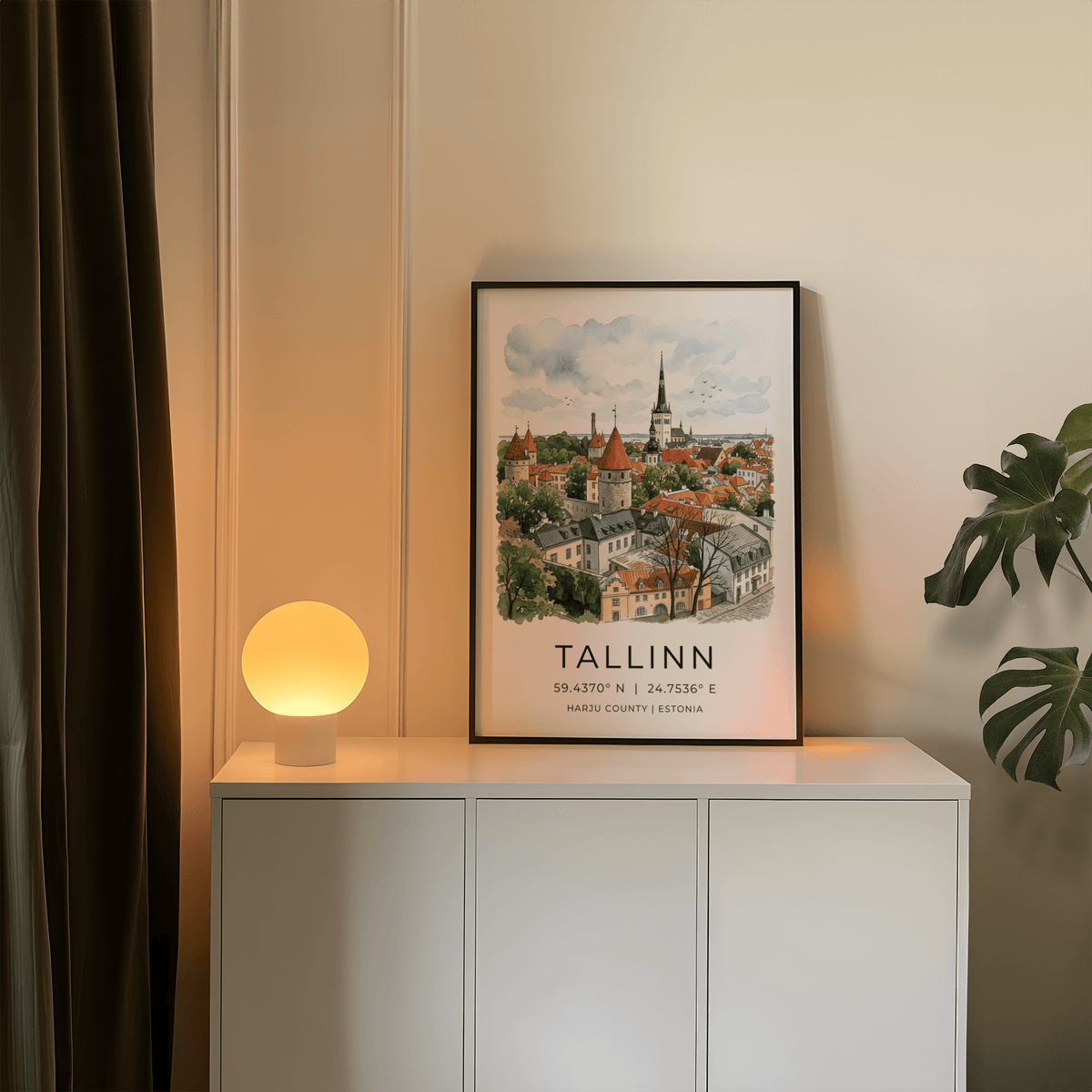 Tallinn City Wall Art showing illustrated old town rooftops, trees, and sky