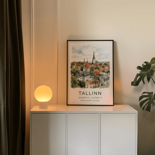 Tallinn City Wall Art showing illustrated old town rooftops, trees, and sky