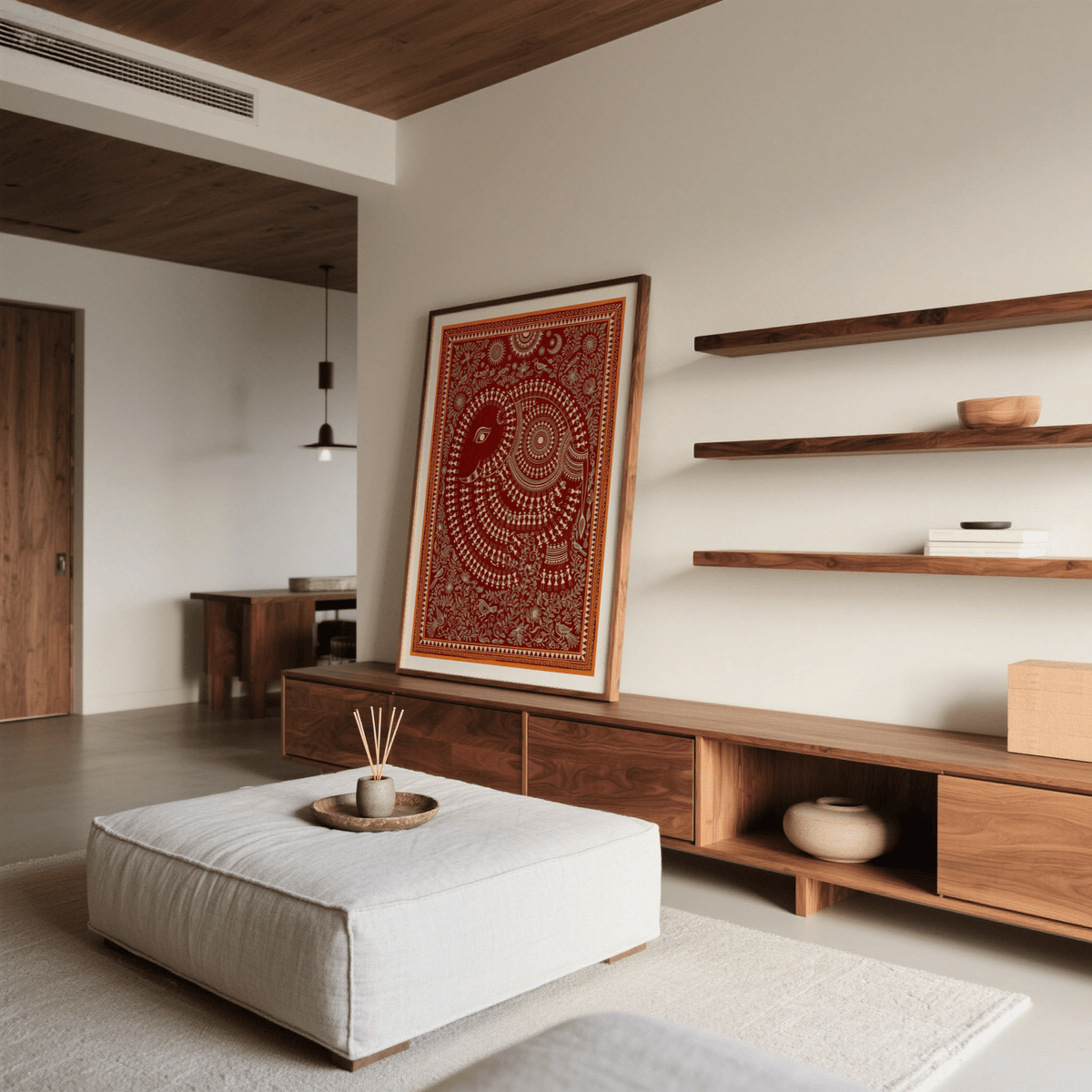 Decorative elephant wall art print with sun and moon motifs in patterned folk style