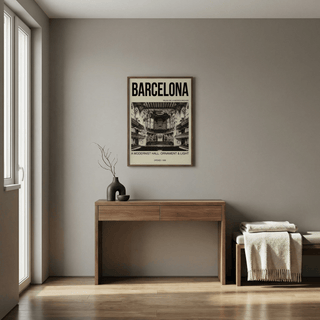 Black and white architecture poster print with Barcelona headline and “A Modernist Hall: Ornament & Light” text