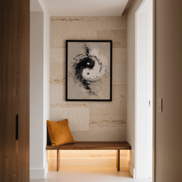 Abstract Yin Yang Art for living room with Beige, White, Black highlight