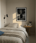 Black and White Elephant Print monochrome safari scene with elephant framed by grassland