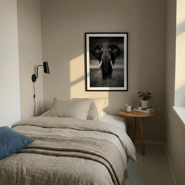 Black and White Elephant Print monochrome safari scene with elephant framed by grassland