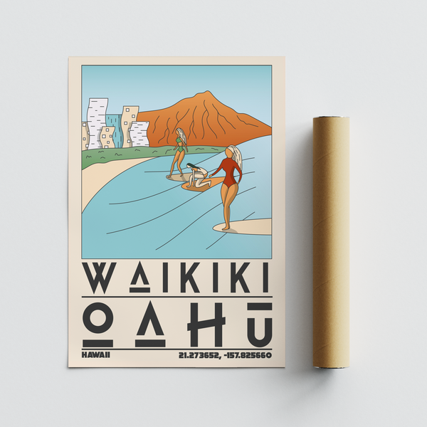 Flat travel illustration displaying surfers balancing on boards near city