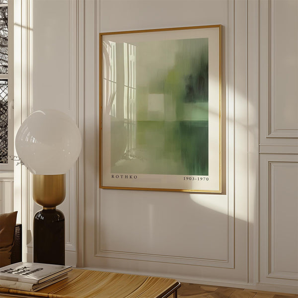 Abstract geometric blocks in olive green wall art with painterly layers.