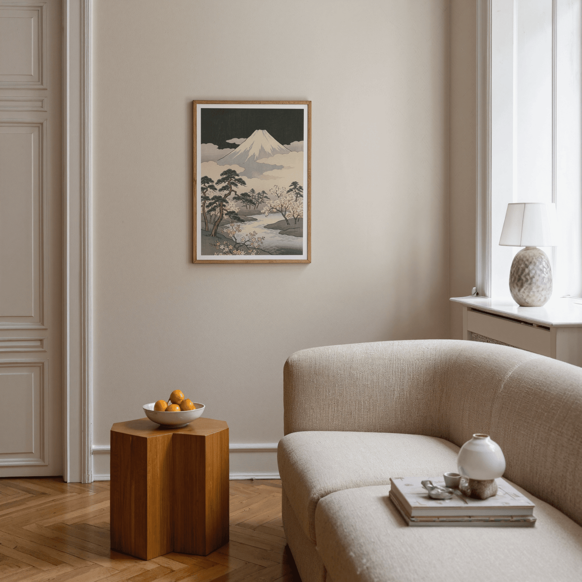 Japanese Art Mountains poster showing Green, Black, Beige, Yellow, suitable for bedroom display