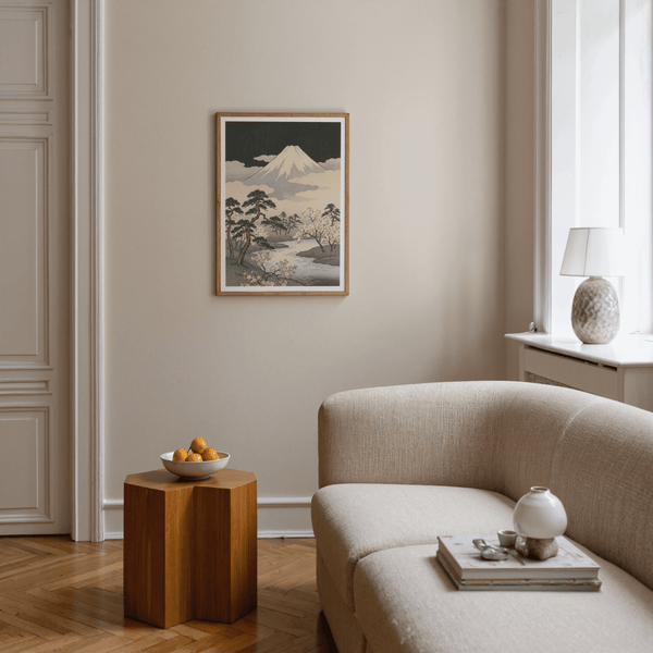 Japanese Art Mountains poster showing Green, Black, Beige, Yellow, suitable for bedroom display