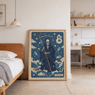 Centered grim reaper wall poster with wave motif and cloud forms