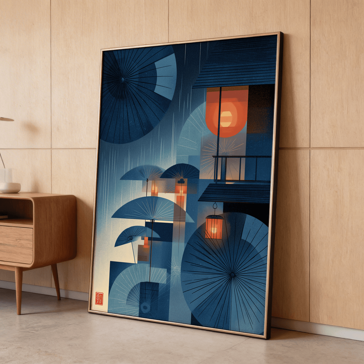 Cropped parasol canopy poster showing geometric blocks and rainfall