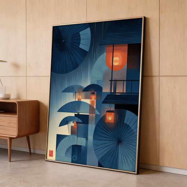 Cropped parasol canopy poster showing geometric blocks and rainfall