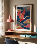 Crane mid-flight in a Vintage Japanese Print with intricate blue and gold clouds.