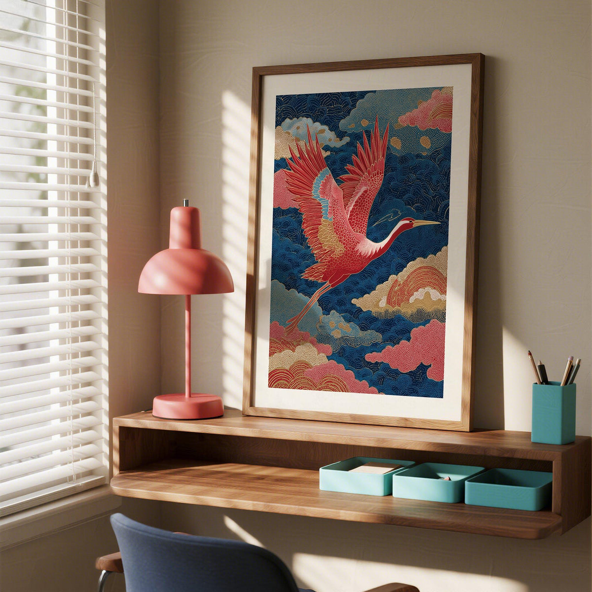 Crane mid-flight in a Vintage Japanese Print with intricate blue and gold clouds.