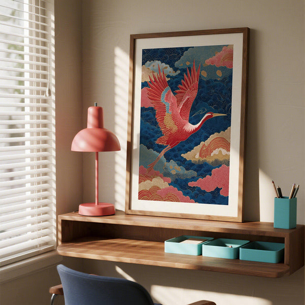Crane mid-flight in a Vintage Japanese Print with intricate blue and gold clouds.