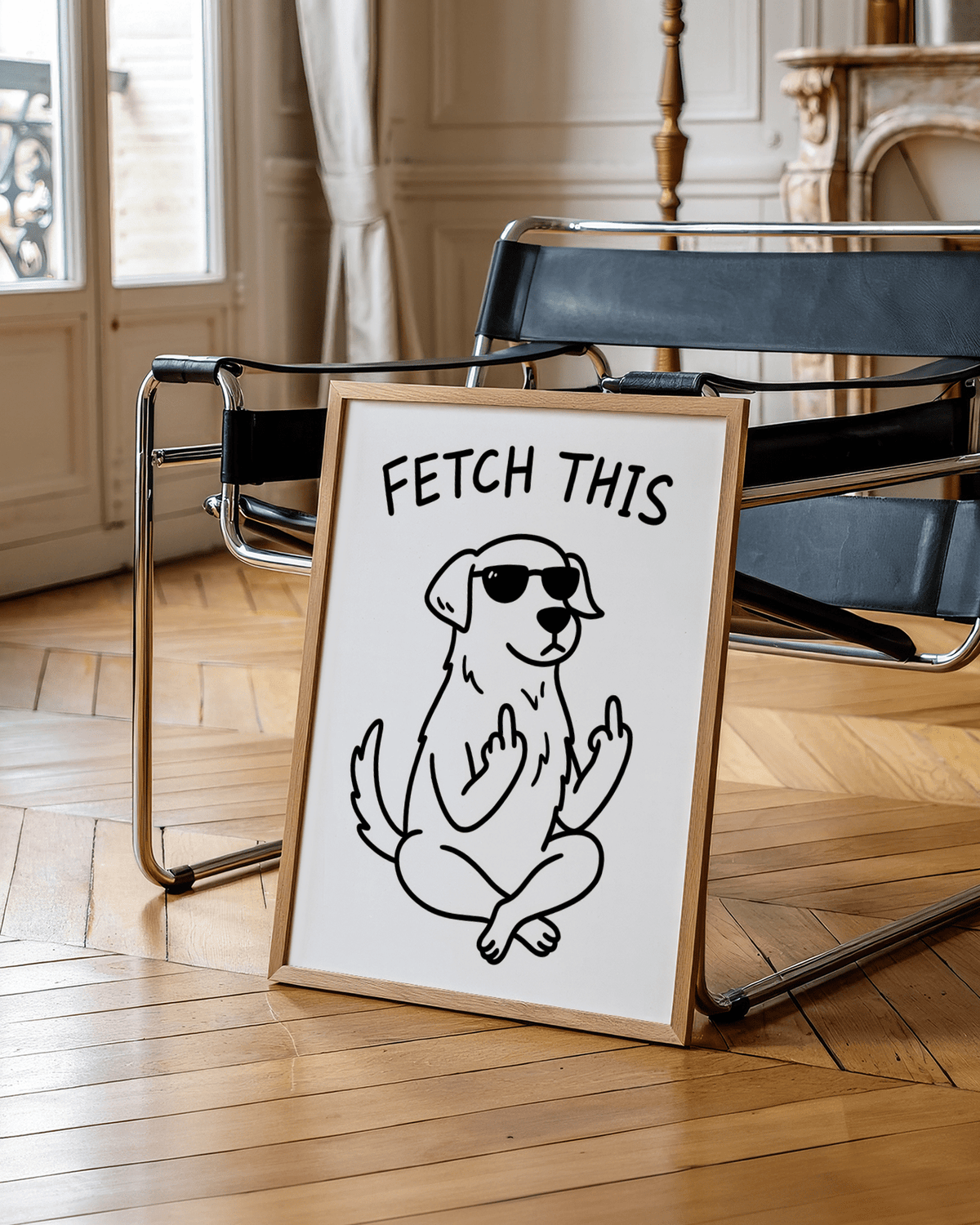 Funny Dog Poster with bold White and Black design for office decor