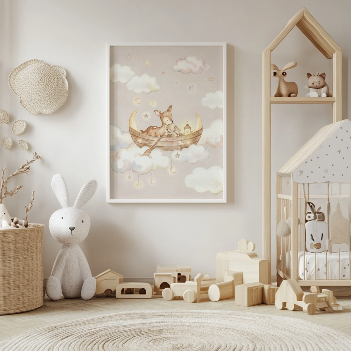 Illustrated nursery print featuring a wooden boat, lantern, and hanging star shapes in a cloud sky
