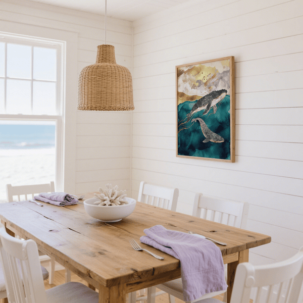 Whale Art Print Blue and Gold whale illustration for hallway wall art