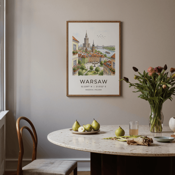 Warsaw City Art Print showing colorful facades, church, and riverside scene