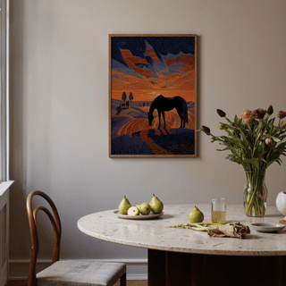 Modern landscape print with contour farmland and distant tree cluster