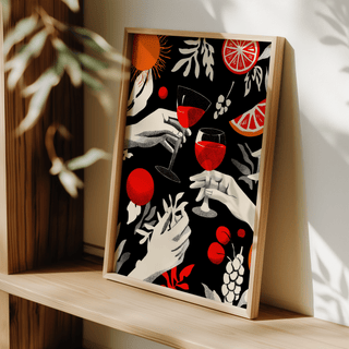 Illustrated bar wall art featuring stemmed wine glasses, berries, and leafy shapes