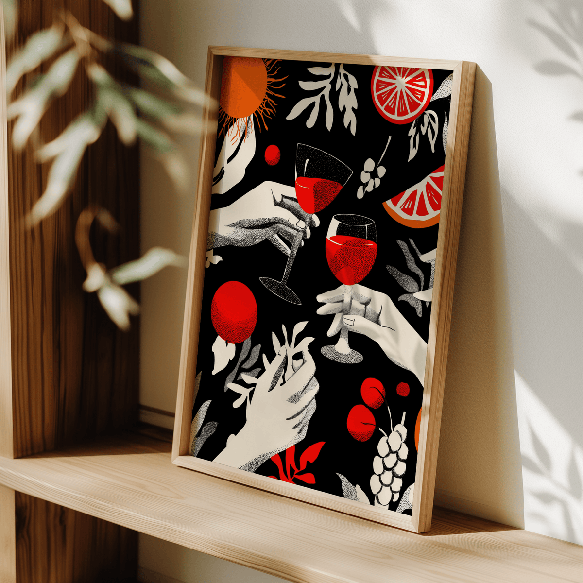 Illustrated bar wall art featuring stemmed wine glasses, berries, and leafy shapes