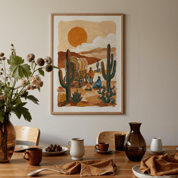 Bold blue and green hues in Desert Wagon Art Print for den wall art