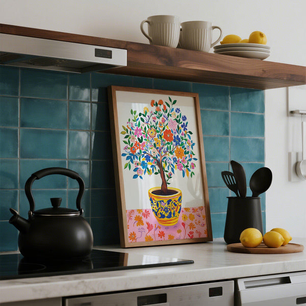 Tree of Life Wall Art showing a vibrant tree in a golden pot.