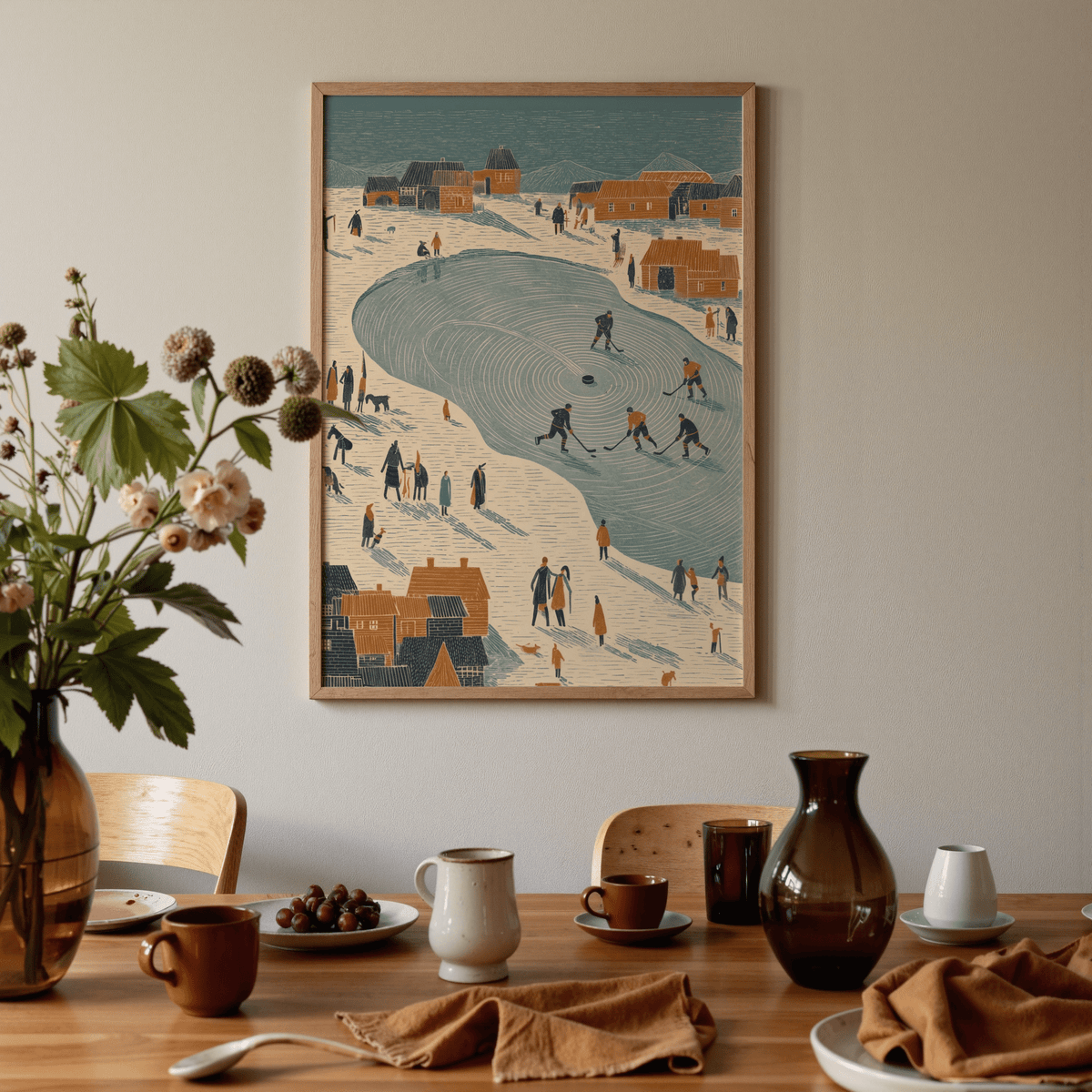 Blue tones pop in this Hockey Winter Art Print, ideal for a modern lounge
