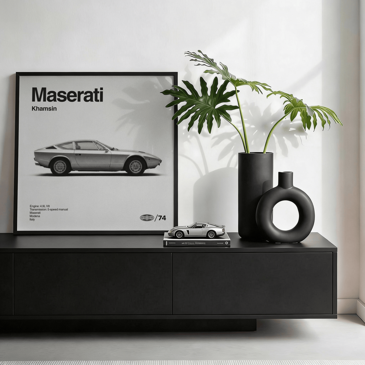 Timeless Maserati Khamsin Poster in Black and White for home office art print