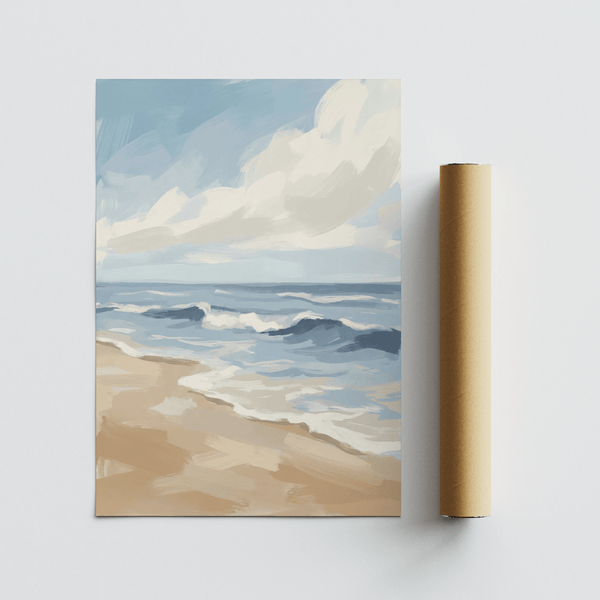 Seascape Poster featuring soft Blue, Beige, White for bedroom wall art