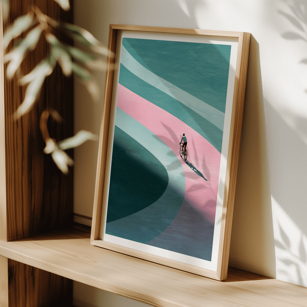 Minimalist Cycling Art Print displaying rider against geometric arcs