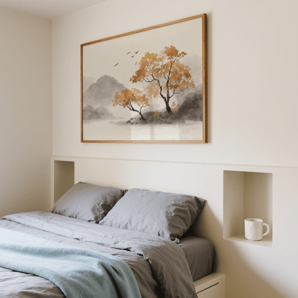 Modern office wall Autumn Tree Art Print featuring orange and gray