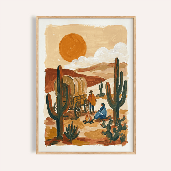 Desert Wagon Art Print with blue, green, orange, and brown in a living room wall art