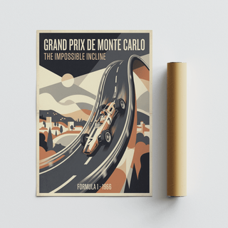 Retro motorsport poster print with graphic landscape shapes and simplified city forms