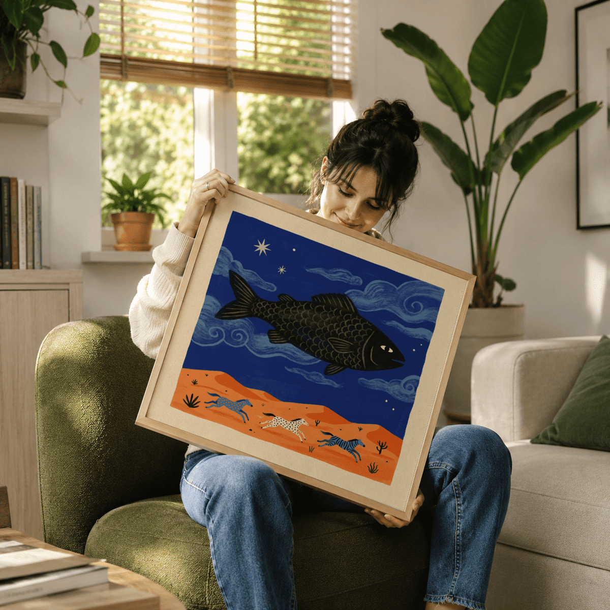 Minimalist fish poster print showing cloud curls and a patterned fish body