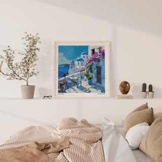 Rustic island terrace scene with flower-covered walls and blue sea
