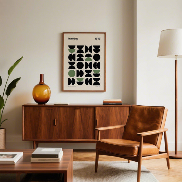 Clean and symmetrical gallery print featuring modernist shapes.