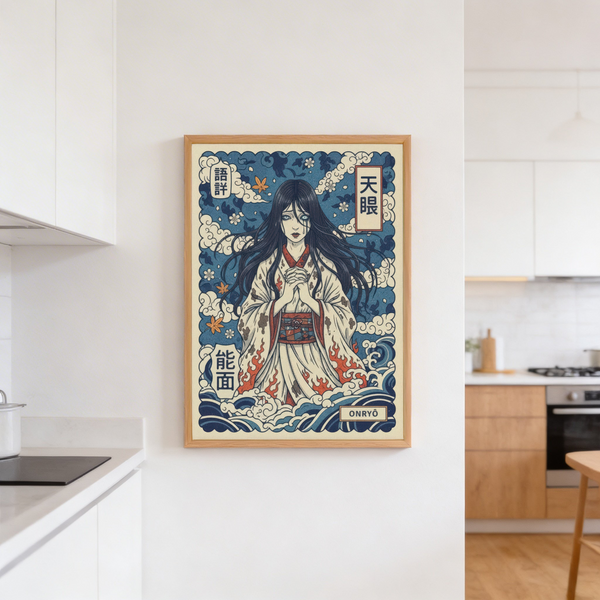 Japanese Ghost Print wall art featuring a framed border layout and stylized clouds