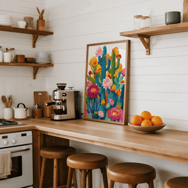 Modern Cactus Flower Art Print with green and blue for hallway print